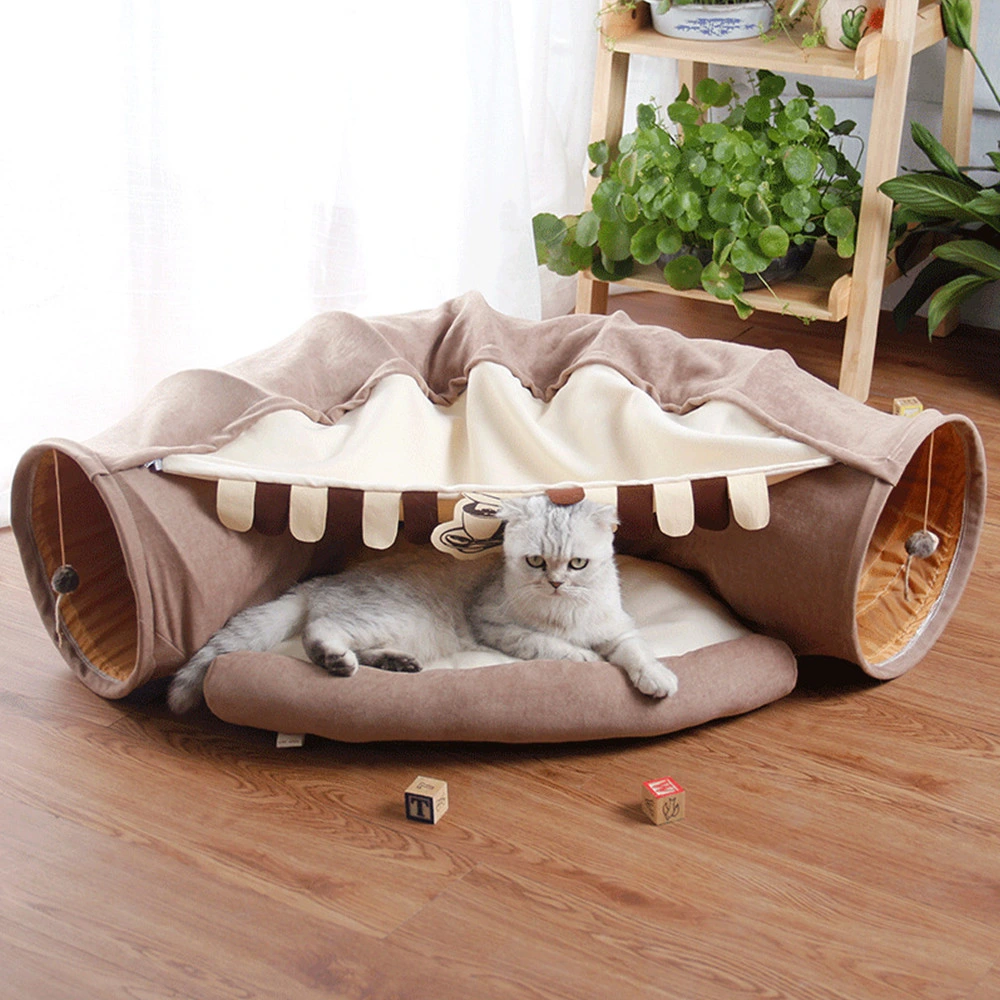 2-in-1 Cat Tunnel Bed, Foldable Soft Cat Tunnel Tubes Toys, Pet Play Bed with Removable Washable Mat